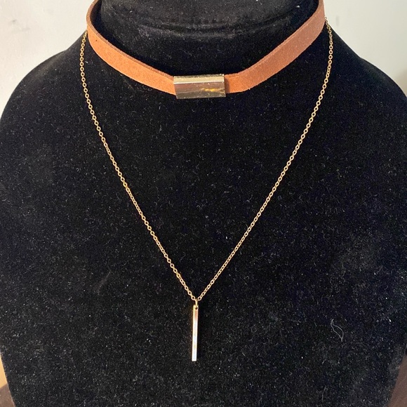 Brown leather choker with drop necklace - Picture 1 of 2